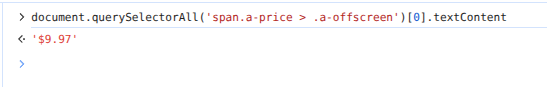 Console showing the price extracted from a product page